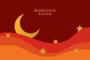 ramadan kareem vektor bakgrund, 3d papper skära vågor och stjärnor på natt himmel, mall med guld måne.