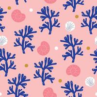 hell lebendig Sommer- nahtlos Muster mit tief Blau Korallen und Rosa und Weiß Muscheln Vektor Illustration