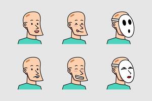 tecknad serie skallig manlig huvud ansiktsbehandling uttryck uppsättning med olika kläder vektor