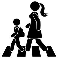 Vektor Frau und süß Junge mit Rucksack Kreuzung das Straße Symbol Illustration