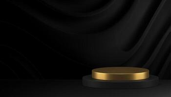 gyllene cylinder 3d podium piedestal svart Vinka gardiner vägg bakgrund realistisk vektor