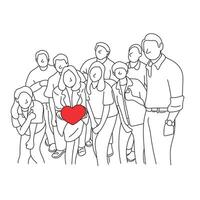 Zusammenarbeit von neun Geschäft Menschen mit rot Herz Illustration Vektor Hand gezeichnet isoliert auf Weiß Hintergrund