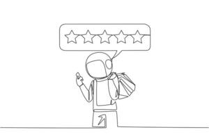 kontinuierlich einer Linie Zeichnung glücklich Astronaut halten mehrere Einkaufen Taschen. das andere Hand Tippen auf das Smartphone gibt ein 5 Star Rezension. online Einkaufen. Single Linie zeichnen Design Vektor Illustration