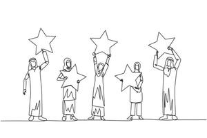 Single einer Linie Zeichnung Gruppe von drei arabisch Frauen und zwei arabisch Männer angehoben ihr jeweils Sterne. geben positiv Feedback und das Beste Rezension. 5 Stern. kontinuierlich Linie Design Grafik Illustration vektor