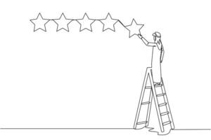 Single kontinuierlich Linie Zeichnung jung energisch arabisch Mann klettert ein Leiter Tragen 1 Stern, Herstellung es 5 Sterne im ein Reihe. geben sehr gut Empfehlung zu das Verkäufer. einer Linie Design Vektor Illustration