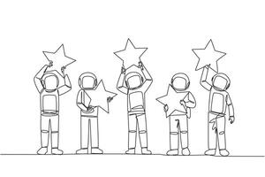 enda kontinuerlig linje teckning grupp av fem astronauter Uppfostrad deras respektive stjärnor. ge positiv respons och de bäst recension. 5 stjärna. uppkopplad affär. kosmisk djup Plats. ett linje vektor illustration