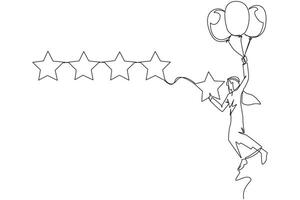 kontinuierlich einer Linie Zeichnung jung arabisch Mann fliegend mit Ballon tragen 1 Star und will zu ausrichten es mit das andere 4 Sterne. versuchen zu geben perfekt Bewertung. Single Linie zeichnen Design Vektor Illustration