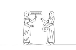 kontinuierlich einer Linie Zeichnung zwei arabisch Frauen Stehen Gegenteil jeder andere. einer Frau tragen Geld Tasche, das andere tragen Bewertung Tafel mit 5 Stern. Kaufen und Verkauf Bewertungen. Single Linie zeichnen Design Vektor