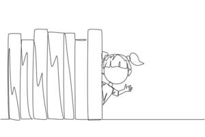 Single kontinuierlich Linie Zeichnung ein Mädchen erscheint von hinter ein Reihe von Bücher. Einladung zu lesen Bücher beim das Bibliothek. mögen zu lesen ein Buch. Buch Festival Konzept. einer Linie Design Vektor Illustration