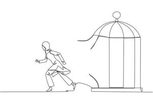 kontinuierlich einer Linie Zeichnung arabisch Geschäftsfrau gefangen im das Käfig Laufen durch das Käfig. Metapher dringt ein das maximal Grenze von selbst. Verlangen zu erfolgreich. Single Linie Design Vektor Illustration