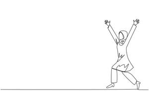 kontinuierlich einer Linie Zeichnung arabisch Geschäftsfrau Laufen zu feiern Erfolg von Geschäft. mögen Fußball Spieler Wer Partituren Ziel, sie feiert. Erfolg. Single Linie zeichnen Design Vektor Illustration
