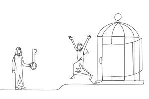 Single kontinuierlich Linie Zeichnung arabisch Geschäftsmann Wer war kostenlos durch Kollege von das Falle von ein Käfig. Zusammenarbeit Metapher. wachsend Geschäft zusammen. großartig Beziehung. einer Linie Design Vektor Illustration