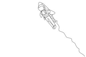 enda ett linje teckning ung astronaut flygande med raket. önskan till ta de företag till de måne. framgångsrik entreprenör. de bra energisk astronaut. kontinuerlig linje design grafisk illustration vektor