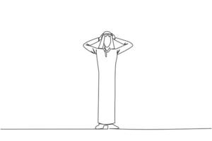 kontinuerlig ett linje teckning arab affärsman stående hetero innehav huvud med både händer. gester upphetsad eller överraskad. ovanlig ansiktsbehandling uttryck. uppskrämd. enda linje dra vektor illustration