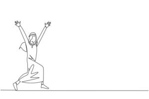 Single einer Linie Zeichnung arabisch Geschäftsmann Laufen zu feiern das Erfolg von Geschäft. mögen ein Fußball Spieler Wer Partituren Ziel, er feiert. Erfolg. kontinuierlich Linie Design Grafik Illustration vektor
