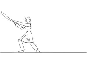 enda ett linje teckning arab affärskvinna innehav samuraj. stiliserade tycka om samuraj idrottare bevakning företag. beredd till eliminera störa företag tillväxt. kontinuerlig linje design grafisk illustration vektor
