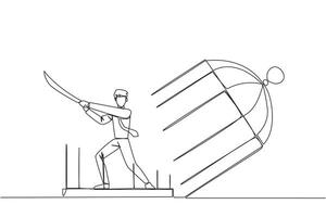 enda kontinuerlig linje teckning affärsman instängd i bur innehar samuraj. uttryck av ilska över de begränsningar den där schackel. söka frihet på några kosta. galenskap. ett linje design vektor illustration