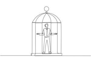 Single einer Linie Zeichnung Geschäftsmann gefangen im Käfig Stehen mit öffnen Waffen. Kapitulation zu das Situation. gezwungen zu bleibe im ein Käfig. Geschäft ist nicht wachsend. kontinuierlich Linie Design Grafik Illustration vektor