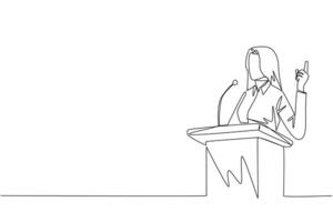 Single kontinuierlich Linie Zeichnung jung Geschäftsfrau Sprechen beim das Podium während geben Geste von Heben einer Finger hoch. inspirierend Rede. Konferenz Bühne. einer Linie Design Vektor Illustration