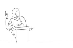kontinuerlig ett linje teckning arab affärskvinna tala på podium medan ger gest av lyft ett finger upp. inspirera Tal. konferens skede. enda linje dra design vektor illustration