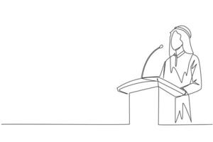Single kontinuierlich Linie Zeichnung jung arabisch Geschäftsmann Sprechen beim das Podium. angekündigt sehr verbessert Geschäft Balance Blatt. ein Spaß Rede zum alle Parteien. einer Linie Design Vektor Illustration