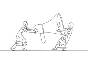 enda kontinuerlig linje teckning två emotionell arab affärskvinna stridande över megafon. förvränga till meddela lediga platser och se för pålitlig anställda. rival. ett linje design vektor illustration