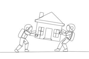 enda ett linje teckning två emotionell astronaut stridande över miniatyr- hus. begrepp av stridande för lyxig hus den där de verkligen vilja. rival. kosmisk. kontinuerlig linje design grafisk illustration vektor
