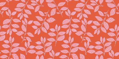 stilisiert Geäst Blätter nahtlos Muster auf ein Orange zurück. kreativ einfach Blumen- Hintergrund. Vektor gezeichnet Illustration gestalten Blatt Stiele. Vorlage zum Design, Textil, Mode, drucken, Stoff