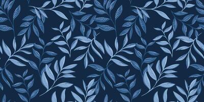 abstrakt konstnärlig grenar löv sammanflätade i en sömlös mönster. monoton mörk blå trädgård blad stjälkar bakgrund. vektor hand dragen illustration. mall för design, utskrift, textil, mode