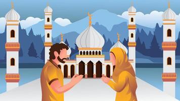 landskap illustration av muslims skakning händer, ramadan, eid al-fitr, eid al-adha, Häftigt islamic tema bakgrund vektor