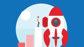 Geschäft Mann eintreten ein Rakete und Stehen auf finanziell Bestände Riegel Vektor Illustration