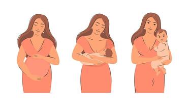 einstellen von Schwangerschaft, Stillen und Mutterschaft Konzept Illustrationen. Frau Fütterung Baby. Vektor Illustration isoliert auf Weiß Hintergrund