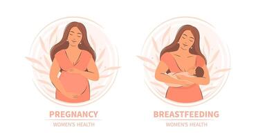Frau Fütterung Baby. Schwangerschaft, Stillen und Mutterschaft. Frauen Gesundheit. Vektor Illustration.