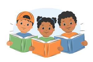 barn läsning. söt barn Pojkar och flickor. inlärning och kunnighet dag. kunskap och utbildning begrepp. vektor illustration
