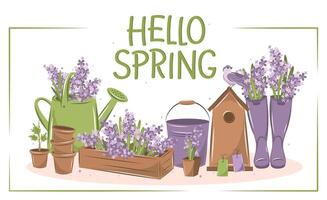 Hallo Frühling Text. Gartenarbeit, wachsend Pflanzen, landwirtschaftlich Werkzeug. Vektor Illustration.