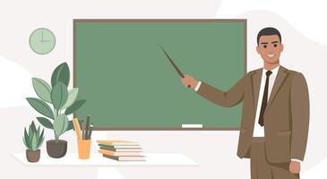 manlig lärare stående förbi svarta tavlan i de klassrum. begrepp av utbildning och Träning. vektor illustration