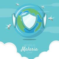 Welt Malaria Tag Poster mit das Erde hat ein schützend Schild von Moskito beißt vektor