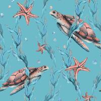 under vattnet värld ClipArt med hav djur val, sköldpadda, bläckfisk, sjöhäst, sjöstjärna, skal, korall och alger. hand dragen vattenfärg illustration. sömlös mönster på en blå bakgrund vektor