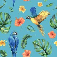tropisk handflatan löv, monstera och blommor av plumeria, hibiskus, ljus med blå-gul ara papegoja. hand dragen vattenfärg botanisk illustration. sömlös mönster på en blå bakgrund. vektor