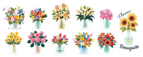 uppsättning av buketter i vaser med vår och sommar olika blommor, isolerat vektor illustrationer på vit för födelsedag inbjudningar, kvinnors dag, mors dag, bröllop kort. blommig design, ClipArt.