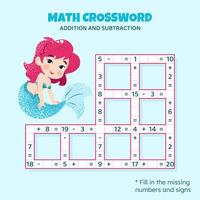 matematik korsord pussel för ungar. tillägg och subtraktion. räkning upp till 20. spel för barn. vektor illustration. färgrik korsord med tecknad serie sjöjungfru. uppgift, utbildning material för ungar.