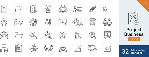 uppsättning av 32 projekt företag ikoner i linje stil. handla, handel, ikon, Lagra. vektor illustration.