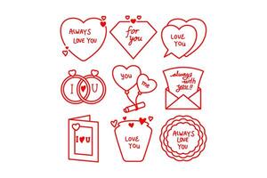 uppsättning av valentine illustration, märka, ram, element design för hjärtans dag med hjärta, ringa, ballong, hink, kuvert, brev, pärla vektor
