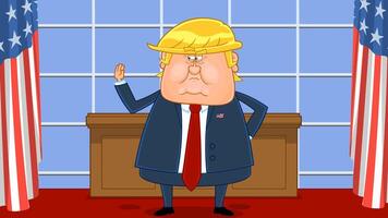 president Donald trumf tecknad serie karaktär Uppfostrad hans hand på de vit hus. vektor illustration med bakgrund