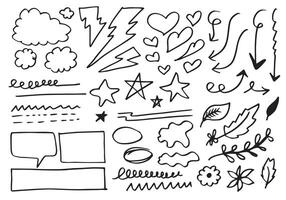 Hand gezeichnet Gekritzel Design Elemente, schwarz auf Weiß Hintergrund. Wind, Sturzflug, Schwerpunkt, Pfeil, Krone, Linie, hügel. Gekritzel skizzieren Design Elemente vektor