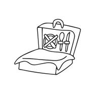 hand dragen picknick korg med mat porslin i klotter stil, isolerat översikt vektor illustration. vektor illustration