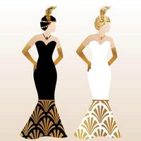 Gatsby Kunst Deko Illustration Design mit Frauen im Gold Muster Kleid vektor