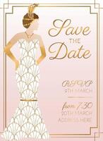 Rosa speichern das Datum Hochzeit Einladung Design mit Frau im Braut- Hochzeit Kleid vektor
