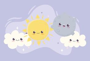 süße sonne mond und wolken kawaii zeichentrickfigur vektor