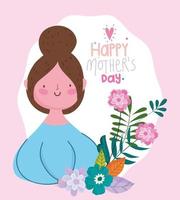 glad mors dag, kvinna med bulle hår blommor grenar dekoration vektor
